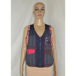 Faith Blue Patchwork Art To Wear Boho Batik Vest Carved Button Accents Wm Medium